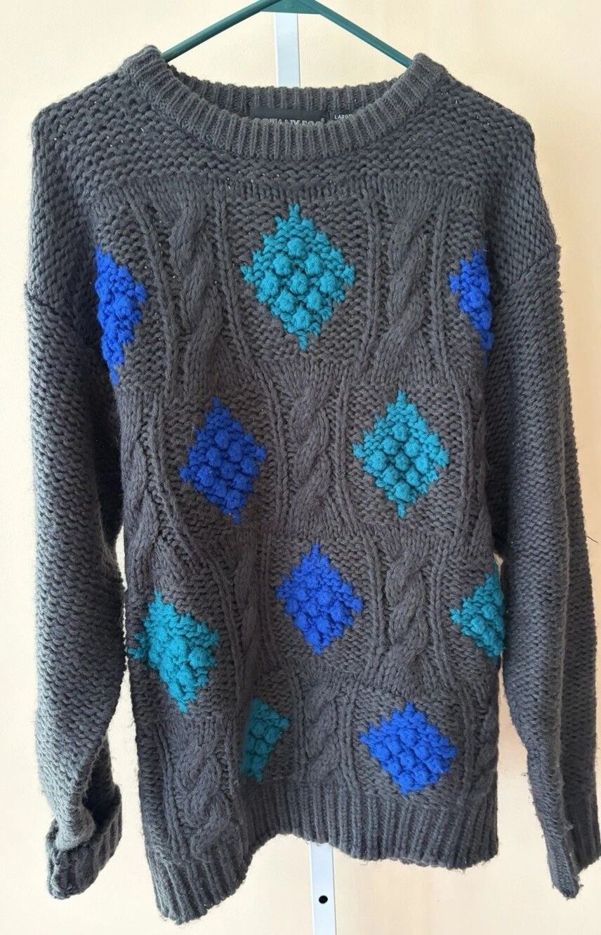 Vintage Botany 500 Mens Knit Sweater Large Multicolor Grandpa Patch Gray Blue